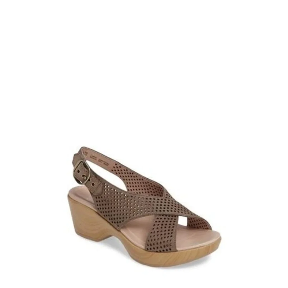 Dansko Tasha Taupe Perforated Leather Slingback Wedge Sandals Clogs Womens 38